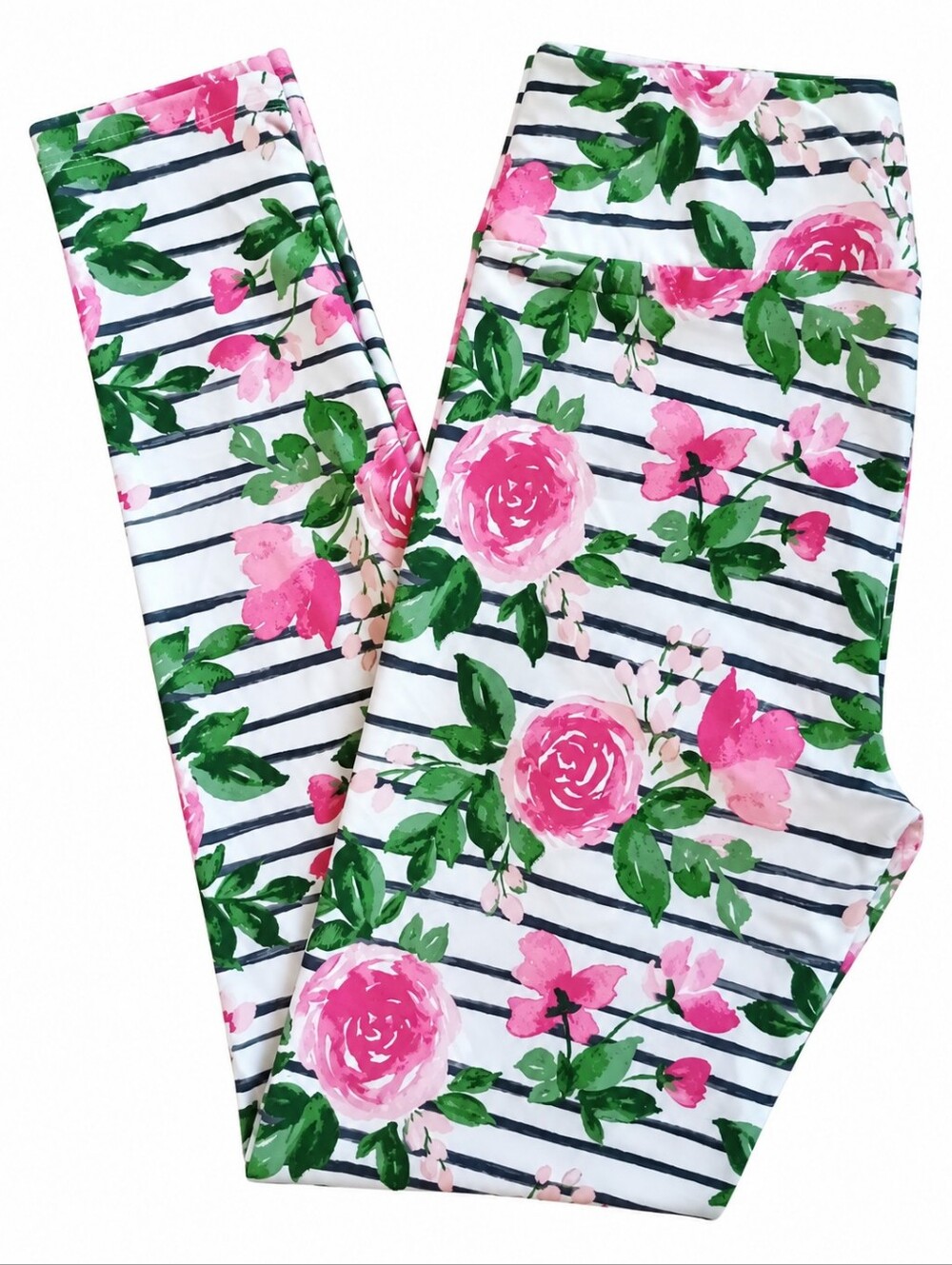 LuLaRoe Pink Green White Stripe Floral Roses Simply Comfortable Leggings T/C